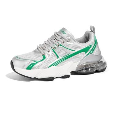 Imagem de LUCKY STEP Tênis de corrida feminino com almofada de ar, tênis esportivo leve, malha esportiva, academia, corrida, treino, caminhada, Verde/prata, 36