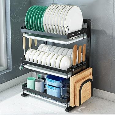 Imagem de Escorredor de pratos de cozinha, escorredor de pratos de 2/3 níveis com suporte de utensílios, escorredor de pratos de grande capacidade com suporte de tábua de corte, organizador de cozinha
