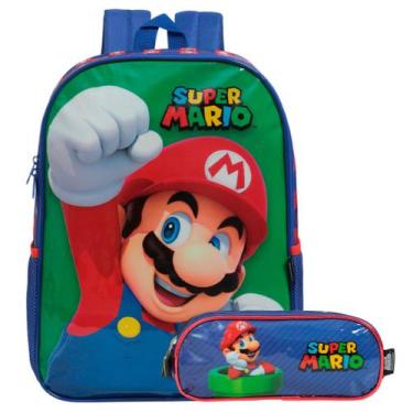 Imagem de Kit Mochila Infantil Super Mario Costas + Estojo Cor Azul - Plike