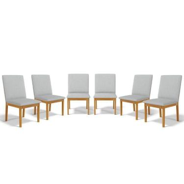 Imagem de Kit Com 6 Cadeiras Daniela Madeira Maciça Estofada Para Mesa De Jantar Detalhe De Madeira Nas Costas Linho Cinza 407