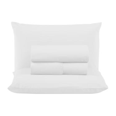 Imagem de Jogo de Lençol Queen 300 Fios Percal 100% Algodão Extra Macio 4 Peças Conjunto com Elástico Fronhas (Branco)