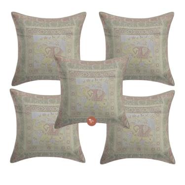 Imagem de IGH Capas de almofada de seda 40,6 x 40,6 cm, fronhas quadradas, jacquard, branca, bordada, decoração de casa, elefante, boêmia, capas de almofada macias e decorativas [conjunto de 5, apenas capas]