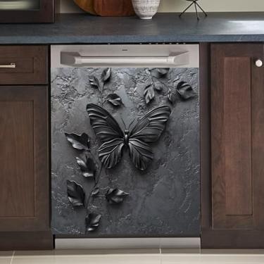 Imagem de Cowfeel Capa magnética de borboleta preta e videira para lava-louças, adesivo de ímã retrô de efeito 3D para geladeira, decalques de painel magnético de geladeira 58 cm x 66 cm