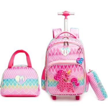 Imagem de Egchescebo Mochila Escolar Infantil com Rodinhas para Menina e Crianças Rodas Bolsa Mala Carrinho 17” 3PCS Lancheira Juvenil Estojo Costas Divertidamente Toy Brinquedos de Unicórnio Vermelho