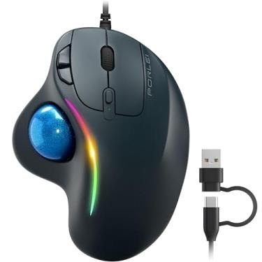 Imagem de Mouse trackball com fio, design ergonômico confortável reduz a tensão muscular, fácil controle do polegar, rastreamento preciso com 5 opções de DPI, interface dupla USB-C/USB-A compatível com PC