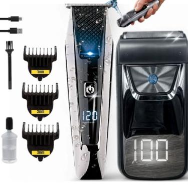 Imagem de Máquina de Cortar Cabelo Profissional à Prova d’Água + Barbeador Elétrico, Lâmina de Titânio, Recarga USB, Visor LCD, Corte Preciso, Motor Potente, 120 Minutos de Autonomia, Kit Completo para Barbearia.