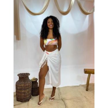 Imagem de Canga Saída de Praia Branca Franja Brilho Feminina Versátil e Elegante