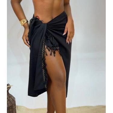 Imagem de Canga Saída de Praia Preta Franja Brilho Feminina Versátil e Elegante 