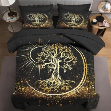 Imagem de WeCozy Jogo de edredom solteiro com fronha e fronha, 5 peças, sol preto e lua, para crianças e adultos, cama de árvore da vida natural em uma bolsa com lençol de cima