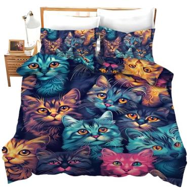 Imagem de Lovira Jogo de cama de 3 peças com estampa 3D de gato fofo colorido e 2 fronhas, capa de edredom de gatinho, lençol de cama para decoração de quarto para adultos, crianças, meninos e meninas