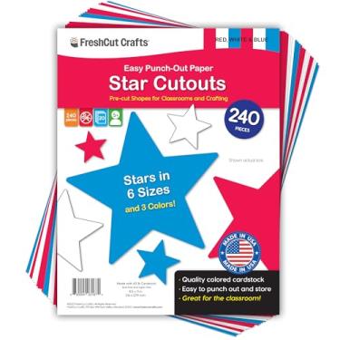 Imagem de FreshCut Crafts 240 recortes de estrelas, cartolina dupla face feita nos EUA, estrelas patrióticas vermelhas, brancas e azuis para decoração patriótica do Dia da Independência de 4 de julho