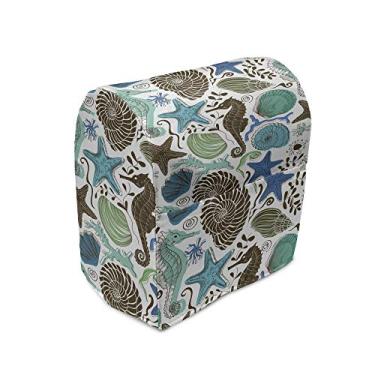 Imagem de Ambesonne Capa para batedeira com suporte de conchas marinhas, arte marítima com cavalo marinho e estrelas do mar padrão de aquário desenhado à mão, capa organizadora de utensílios de cozinha com bolso, 6-8 Quarts, espuma do mar marrom azul