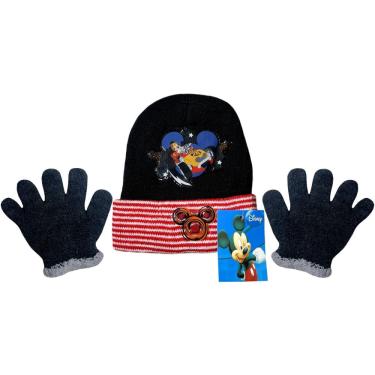 Imagem de Kit Acessórios Inverno Infantil Menino Personagem Desenho Mickey Mouse Aventuras Sobre Rodas - Preto E Vermelho - Disney: Touca Gorro + Luvas
