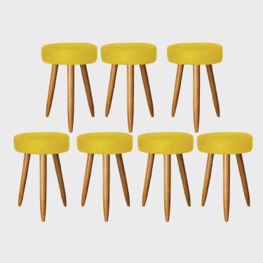 Imagem de Kit 07 Banqueta Alta Julia 50cm Bar Cozinha Balcão Bistrô Pé Palito Castanho Corino Amarelo - Ahz Móveis