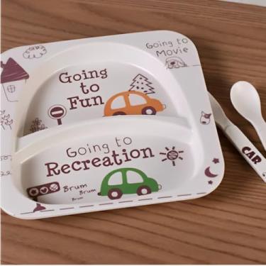Imagem de Prato e talher para bebês. Kit com 3 peças. Introdução alimentar. Modelo Carrinho.