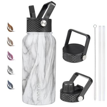 Imagem de BJPKPK Garrafas de água isoladas com tampa de canudo, garrafa de água de aço inoxidável de 800 ml com 3 tampas, caneca térmica de metal livre de BPA à prova de vazamento, garrafa de água esportiva mantém fria e quente - bétula branca