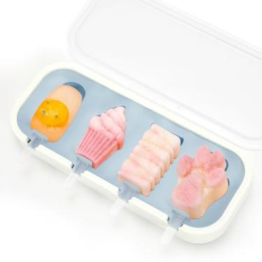 Imagem de Conjunto de 4 moldes de picolé de silicone Blue Bear Paw com tampas e bastões, moldes de sorvete de grau alimentício para crianças e família, perfeitos para petiscos congelados caseiros
