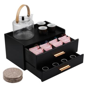 Imagem de Organizadores de chá e caixa de armazenamento com gaveta organizador de estação de chá para bancada com 8 compartimentos de madeira de pinheiro organizador de saquinho de chá com gaveta suporte para