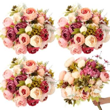 Imagem de Geosar 4 peças de peônias artificiais vintage, 50 cm, flores gigantes de peônia de seda e buquê de hortênsias, arranjo de peça central floral para casamento, casamento, festa de aniversário dos
