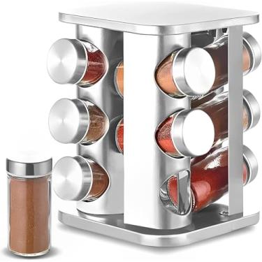 Imagem de Porta Temperos Giratório com 12 Potes de Vidro e Tampas de Aço Inox – Organizador de Condimentos para Cozinha com Base Rotativa e Design Moderno