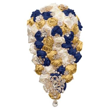 Imagem de TUAGYMKR Buquê de noiva feito à mão de cetim com gota de água rosa, 22 cm, buquê redondo de casamento de cristal de 22 cm, buquê de dama de honra, buquê de dama de honra, noivo, corsage, noiva, flor