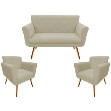 Imagem de Kit Namoradeira + 2 Poltronas Decorativa Sabrina Suede Bege Pés Madeir