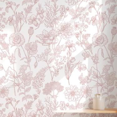 Imagem de Toduso Papel de parede floral de papel de parede rosa e branco à prova d'água removível autoadesivo flores papel de parede para quarto banheiro armários decorativos vinil 44 x 199 cm