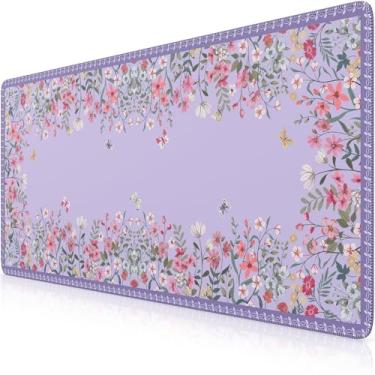 Imagem de iCasso Tapete de mesa para teclado e mouse, bonito tapete de mesa grande, tapete de computador floral antiderrapante para mulheres, mouse pad feminino para jogos em casa (roxo)