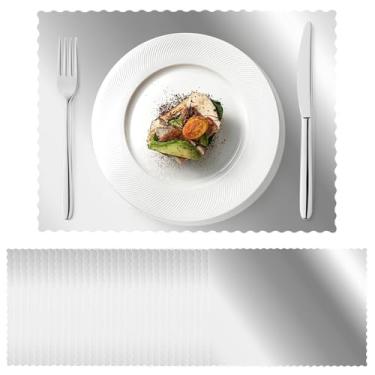 Imagem de 120 peças de jogo americano de papel alumínio espelhado prata a granel 25,5 x 35,5 cm de papel descartável recortado, tapete decorativo espelhado para casamento, chá de bebê, banquete, festa