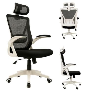 Imagem de Cadeira de Escritório Ergonômica Giratória, Encosto de Cabeça Ajustável, Estofado Mesh, Tipo Presidente Confortável, Mecanismo de Elevação a gás, Inclinação, Preta e Branca | HYATTO OFFICE |