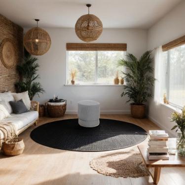 Imagem de Puff Decorativo Redondo para Sala Alaska Linho cinza claro