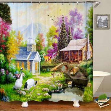 Imagem de Cortina de chuveiro de banheiro com impressão de paisagem de cidade rural, cortina de poliéster com pintura de cenário, decoração para casa, DM3006, L90 x A180 cm