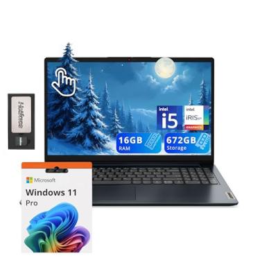 Imagem de Lenovo IdeaPad 1i 15,6 polegadas FHD Touchscreen, Intel i5 1235U, 16 GB de RAM, 672 GB de armazenamento (SSD de 512 GB + estação de ancoragem de 160 GB), gráficos Intel Iris Xe, câmera HD, Dolby Audio