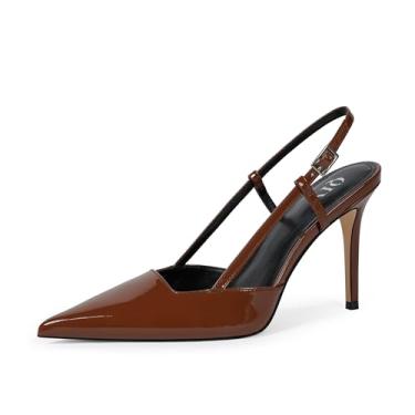 Imagem de QIY Sandálias de salto alto com bico fechado com tiras e bico fino, salto agulha para mulheres, sapatos sociais de festa de casamento, Patente marrom, 40