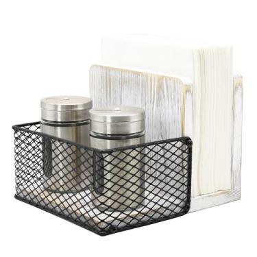 Imagem de Porta-guardanapos rústico de madeira caiada de branco com suporte de temperos de malha de metal preto – Organizador de guardanapos e condimentos estilo fazenda 2 em 1 para cozinha ou restaurante, 14 x