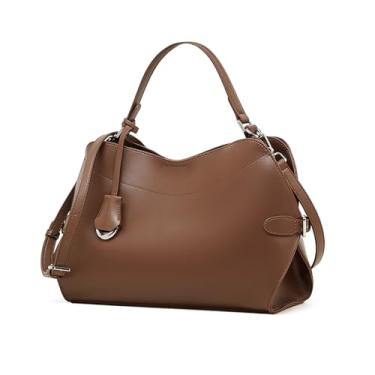 Imagem de Bolsa feminina de couro legítimo, bolsa tiracolo de grande capacidade com alça ajustável removível, Café, Large, Bolsa de mão