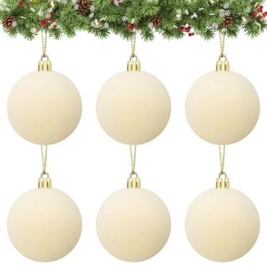 Imagem de Enfeites de bola de veludo, bolas de Natal, creme, 6 peças, enfeites de bola de árvore de Natal de 6 cm para decoração de festa de árvore de Natal, chá de bebê, primeiro Natal
