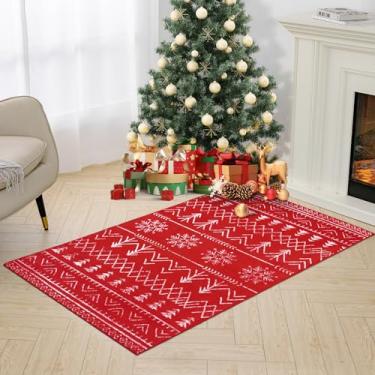 Imagem de Asrug Tapete vermelho de Natal - 3x5 floco de neve tapete lavável para sala de estar tapetes de diamante cobertura de piso com detalhe geométrico tapete de quarto de pilha baixa para sala de estar quarto decoração de entrada