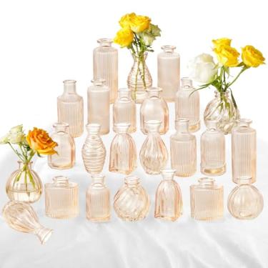 Imagem de Vasos de botão de champanhe a granel 24 pacotes de vaso de vidro âmbar para decoração de centros de mesa, vasos pequenos com nervuras para flores, listras, vasos de botões modernos, vasos vintage para