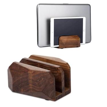 Imagem de Suporte vertical premium para laptop – base de madeira para MacBook e laptops | Compartimento duplo | Suporte ergonômico para mesa e acessório de mesa de escritório com economia de espaço (jacarandá