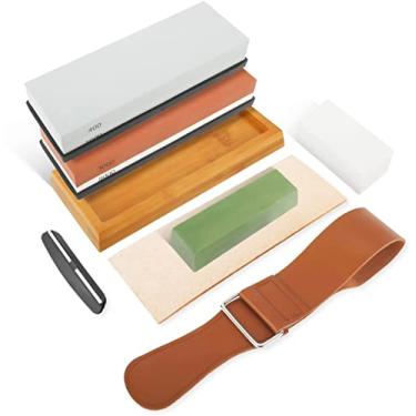 Imagem de HYDDNice Knife Sharpening Stone Kit, Complete Whetstone Sharpener Stone Set,2 in 1 Grit 400/1000 3000/8000 Waterstone, Nonslip Bamboo Base,Flattening Stone, Polishing Compound, Leather Honing Strop and Leather Razor Strop
