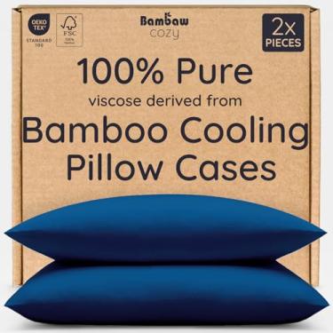 Imagem de Bambaw 100% viscose derivada de fronha de bambu tamanho Queen – Conjunto de 2 fronhas refrescantes Queen, fronhas envelope Queen, fronha azul marinho, fronhas respiráveis e antiacne (azul marinho)