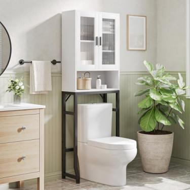Imagem de USHOWER Armário de armazenamento sobre o vaso sanitário, organizador de banheiro com portas de vidro temperado, suporte de metal espesso e madeira MDF, economia de espaço independente, branco