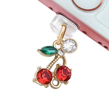Imagem de ELISE & FONDA CP656 Porta de carregamento USB plugue antipoeira pequeno cristal cereja pingente de telefone para iPhone 14/13/12/11/XS MAX/XR/X/8 Plus/7/6S/8/SE iPad iPod (vermelho)