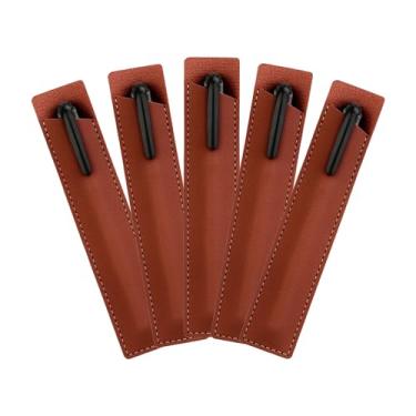 Imagem de Wumuzai Pacote com 5 capas de couro PU para caneta única, pequena bolsa para caneta-tinteiro, estojo de transporte para caneta de bolso, organizador de capa protetora para caneta esferográfica Stylus Touch Pen (marrom)
