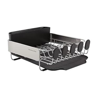Imagem de KitchenAid Escorredor de louças compacto, resistente à ferrugem, com suporte removível de talheres e tábua de drenagem angular, 41 cm, preto