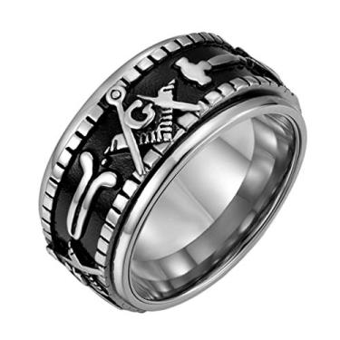 Imagem de ANIEJUFI Anel giratório maçônico de aço inoxidável masculino com sinete vintage para alívio da ansiedade, joia fidget, Metal, Sem pedra preciosa