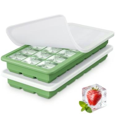 Imagem de Bandejas de silicone para cubos de gelo, 2 unidades, formas de cubos de gelo de liberação fácil com tampa, máquina de gelo empilhável para freezer para uísque, comida de bebê, livre de BPA (2, verde)