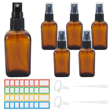 Imagem de WADORN Conjunto de 6 frascos de spray de vidro âmbar de 50 ml para óleos essenciais, frasco de spray quadrado vazio de névoa fina recarregável, pequenos frascos de vidro com funil e etiqueta à prova