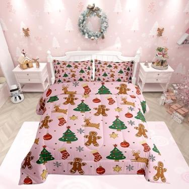 Imagem de Feelyou Conjunto de cama infantil Merry Christmas, homem de gengibre, árvore de Natal, cervo, floco de neve, rosa, para decoração de quarto feminino, masculino, respirável, com 1 fronha, 2 peças